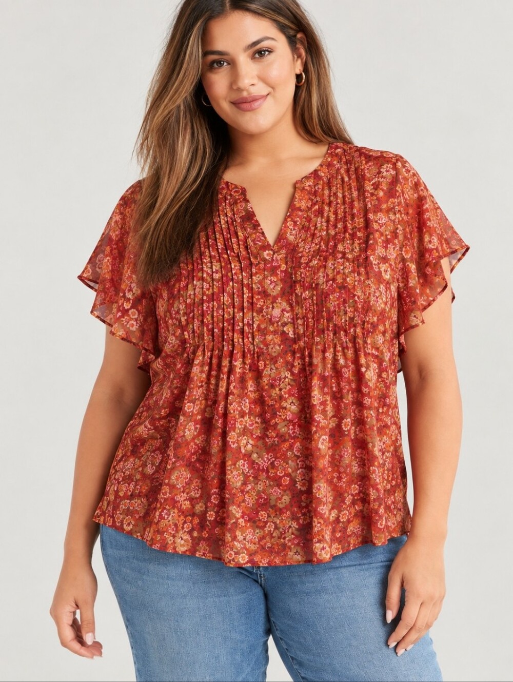❤️ LIVERPOOL JEANS COMPANY AMALIA FLORAL FLUTTER SLEEVE PINTUCKED BLOUSE, 3X